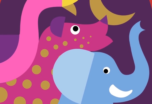 Een olifant, flamingo en hyena