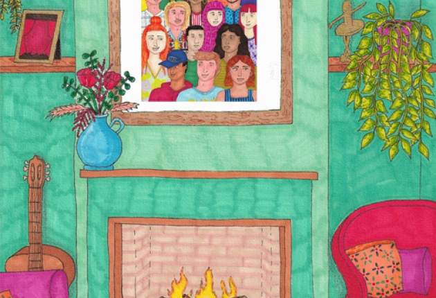 Kleurrijke illustratie van een huiskamer met haardvuur en verwijzingen naar creatieve activiteiten
