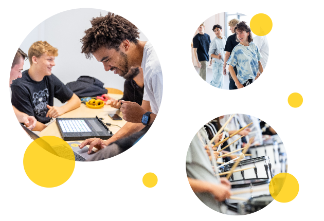 Foto's in cirkels van workshops in het voortgezet onderwijs